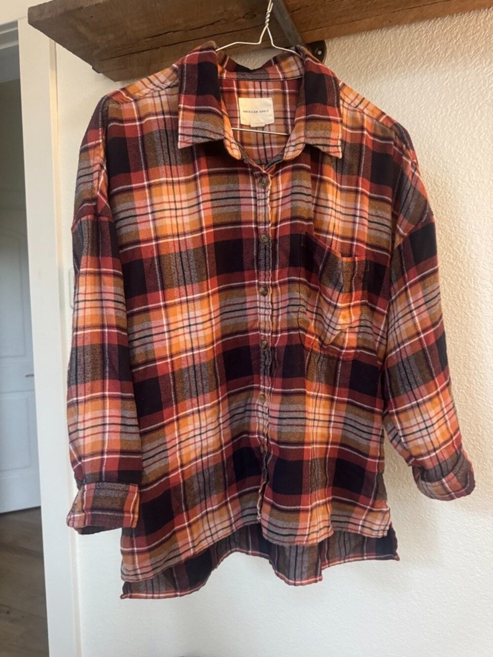 American Eagle Oversized Plaid Flannel Shirt Rust Orange Sz M